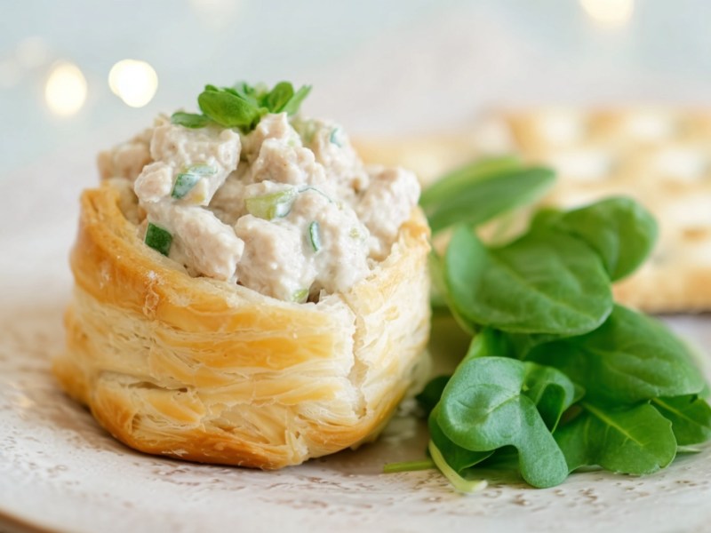 Ragout fin mit Geflügelfüllung auf einem Teller.