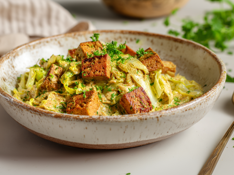 Eine Schüssel Rahmwirsing mit Tofu. Rechts neben der Schale liegt ein Löffel. Im Hintergrund liegen frische Kräuter.