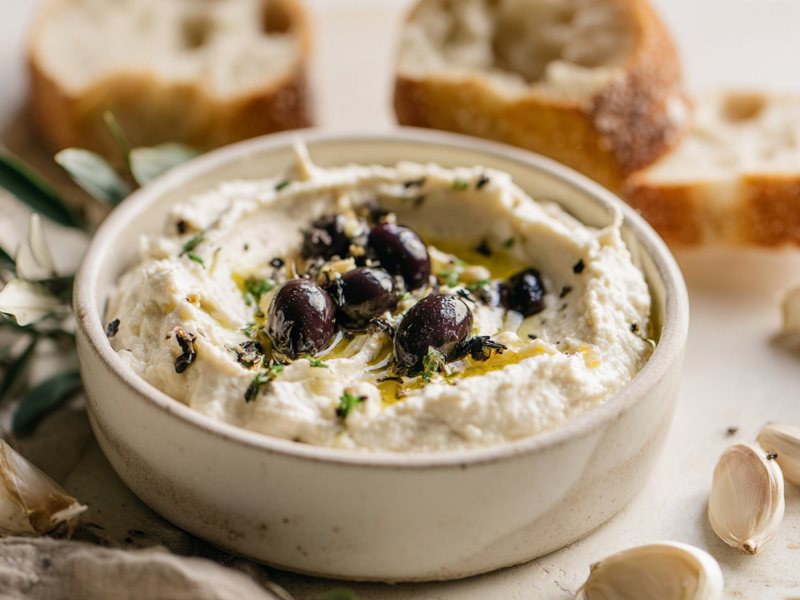 Eine Schüssel Ricotta-Dip mit geröstetem Knoblauch und Oliven.
