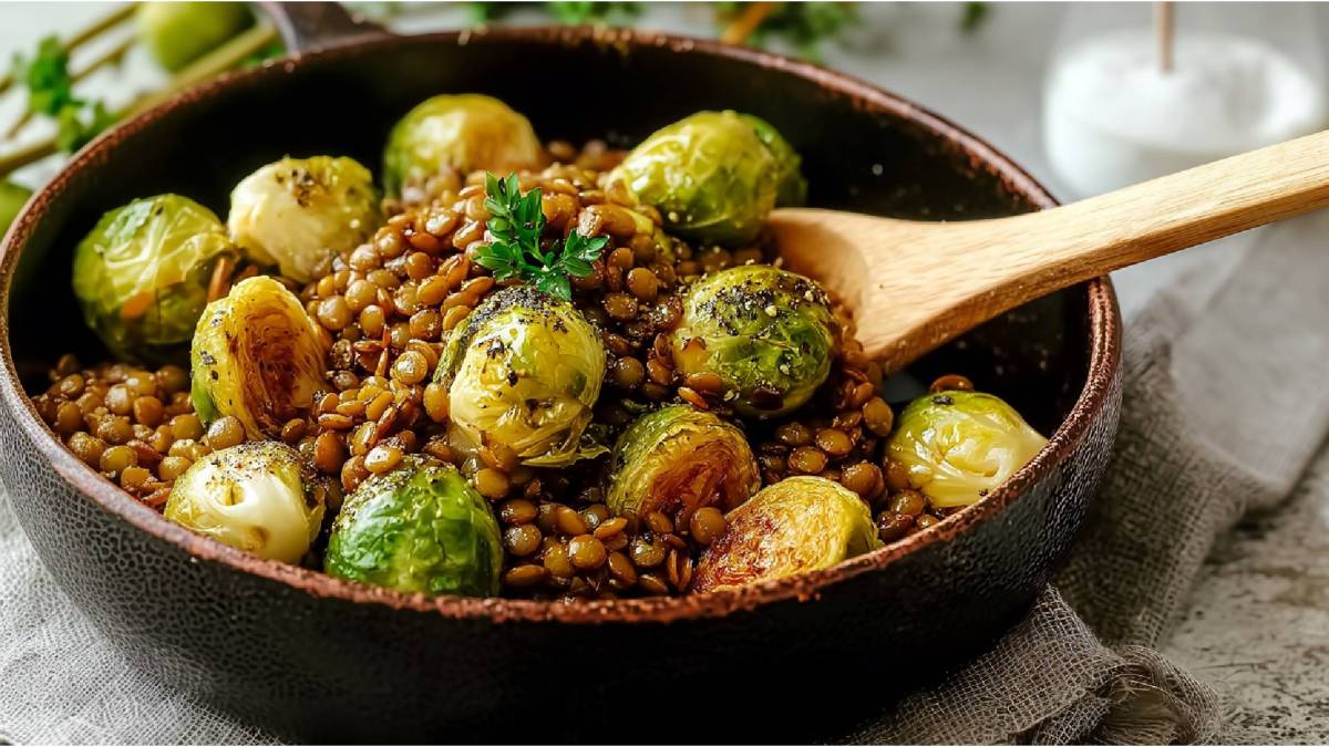 Schale mit Gerösteter Rosenkohl-Linsen-Salat