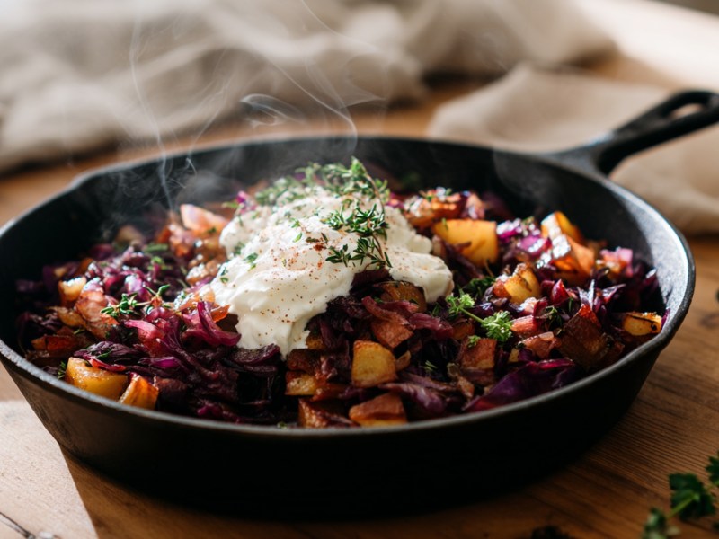 Eine Rotkohl-Kartoffel-Pfanne in einer gusseisernen Pfanne, die auf einem Holztisch steht.