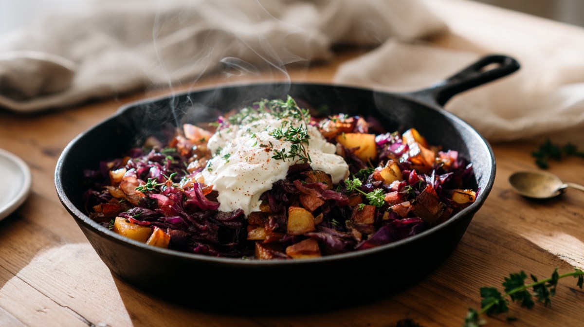 Eine Rotkohl-Kartoffel-Pfanne in einer gusseisernen Pfanne, die auf einem Holztisch steht.