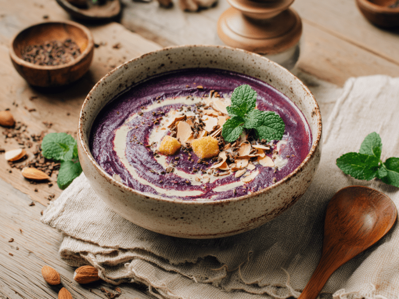 Eine Schale Rotkohlsuppe mit Polentacroutons auf einem Leinentuch auf einem Holztisch. Rechts neben der Schale liegt ein Holzlöffel und etwas frische Minze. Überall auf dem Tisch sind weitere Zutaten verteilt.