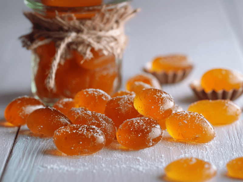 Mehrere selbstgemachte Sanddornbonbons liegen auf einem weißen Holztisch. im Hintergrund ist ein Glas mit den Bonbons.