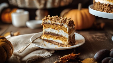 Ein Stück Schichtkuchen mit Kürbis auf einem Teller.