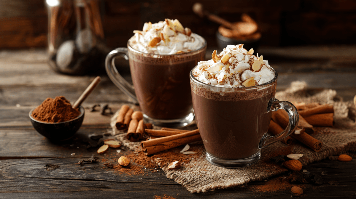 Zwei Gläser mit Schoko-Chai mit Mandeln. Dekoriert mit Schlagsahne und Mandelsplittern. Neben den Gläsern liegen Zimtstangen und Nüsse als Dekoration.
