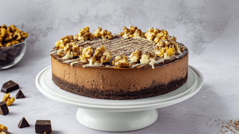 Ein Schoko-Lebkuchen-Cheesecake auf einem Tortenständer. Drumherum liegen noch einige Walnüsse und Schokostücke.