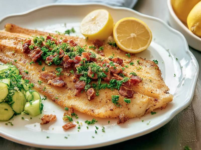 Teller mit Scholle Finkenwerder Art, Gurkensalat und aufgeschnittene Zitrone links und rechts daneben