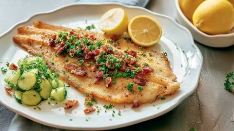 Teller mit Scholle Finkenwerder Art, Gurkensalat und aufgeschnittene Zitrone links und rechts daneben