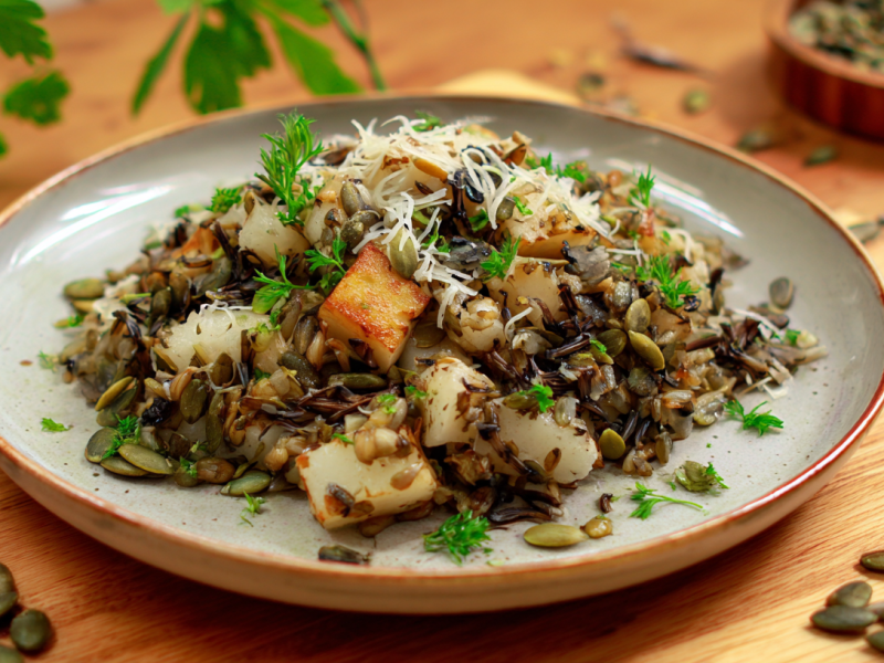Eine Schwarzwurzel-Reispfanne auf einem grauen Teller. Um den Teller verteilt liegen viele Kürbiskerne. Im Hintergrund sieht man frische Kräuter.