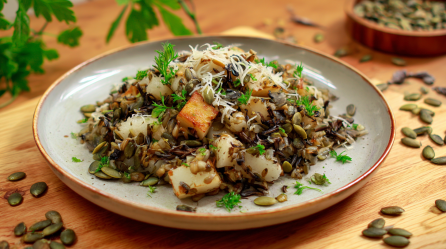 Eine Schwarzwurzel-Reispfanne auf einem grauen Teller. Um den Teller verteilt liegen viele Kürbiskerne. Im Hintergrund sieht man frische Kräuter.