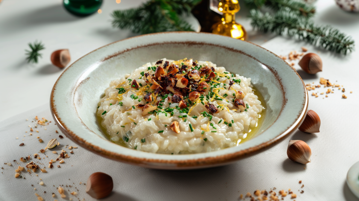 Ein Schwarzwurzel-Risotto mit karamellisierten Haselnüssen auf einem grauen Teller. Um den Teller verteilt liegen einige Haselnüsse.