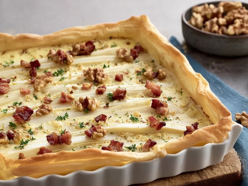 Eine Schwarzwurzel-Tarte mit Walnüssen und Schinkenwürfeln.