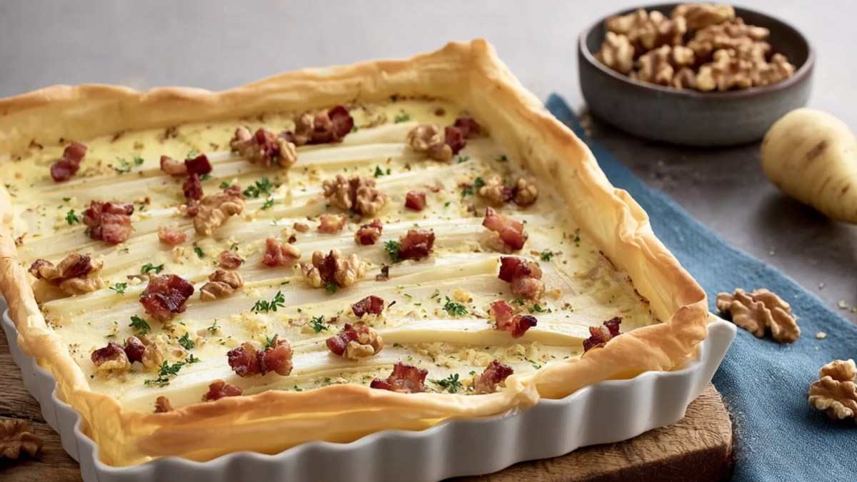 Eine Schwarzwurzel-Tarte mit Walnüssen und Schinkenwürfeln.