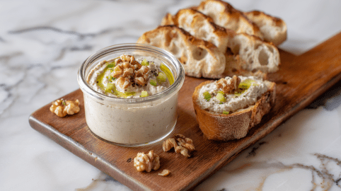 Ein Glas mit Sellerie-Birnenaufstrich auf einem Holzbrett. Daneben liegt ein Brot mit dem Aufstrich. Um das Glas verteilt liegen einige Walnüsse.