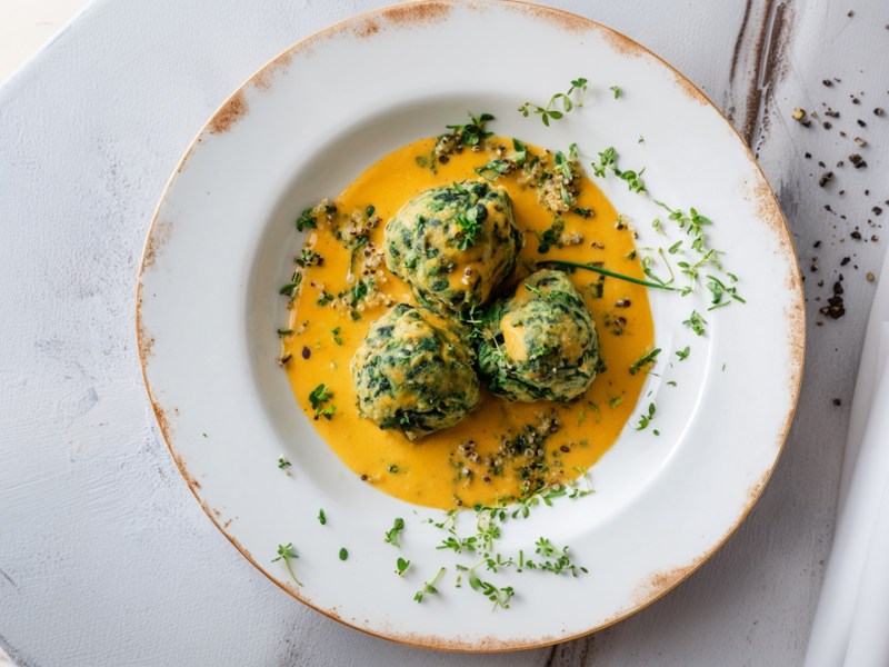Ein Teller Spinat-Hüttenkäse-Knödel mit Kürbis-Anchovi-Sahnesoße.