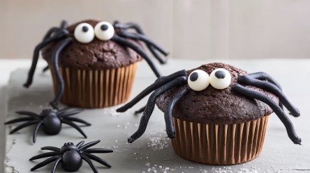 Zwei Spinnen-Muffins. Daneben liegen kleine Spinnen aus Plastik.