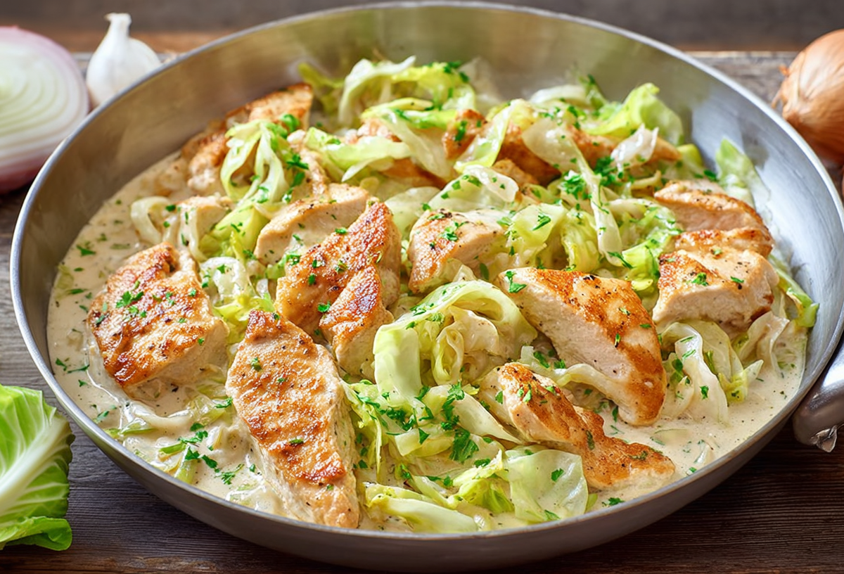 Spitzkohl-Hähnchen-Pfanne in einer Edelstahlpfanne.