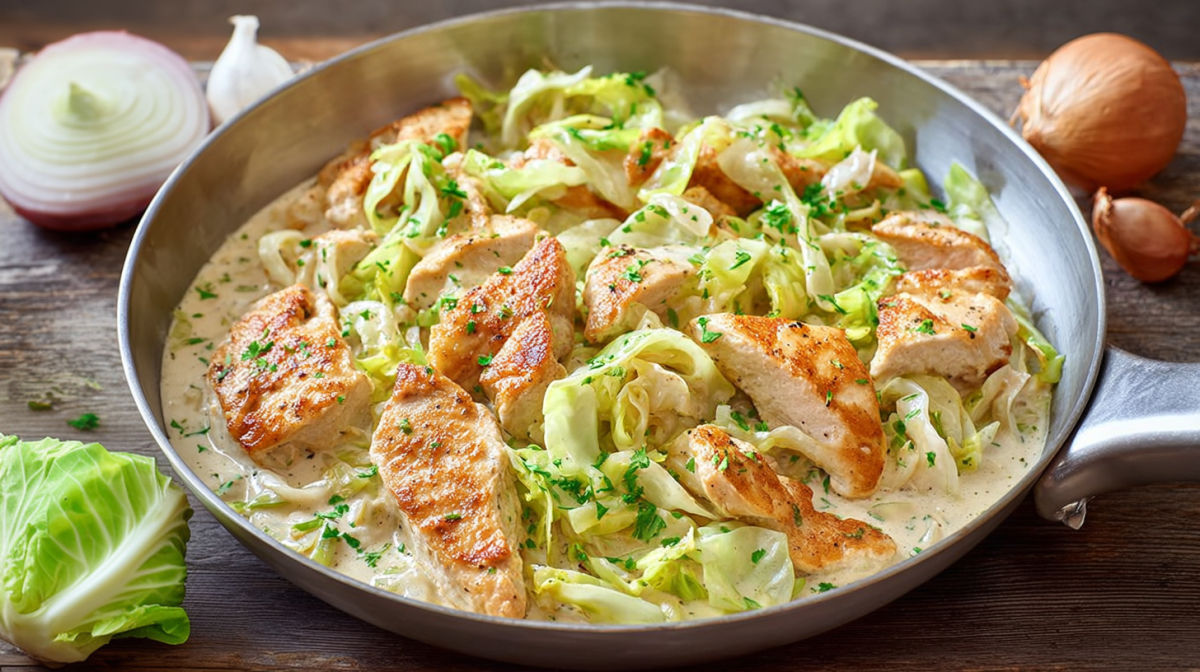 Spitzkohl-Hähnchen-Pfanne in einer Edelstahlpfanne.