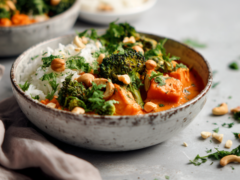 Eine Schale Süßkartoffel-Kokos-Curry auf einem grauen Tisch. Links neben der Schale liegt ein graues Tuch. Rechts neben der Schale kleingeschnittene Kräuter und ein paar Nüsse. Im Hintergrund sieht man weitere Schalen mit Süßkartoffel-Kokos-Curry.