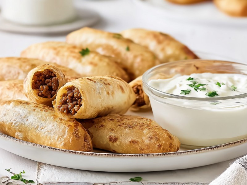 Taco-Sticks aus dem Airfryer auf einem Teller mit einem Schälchen Sour Cream.