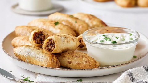Taco-Sticks aus dem Airfryer auf einem Teller mit einem Schälchen Sour Cream.
