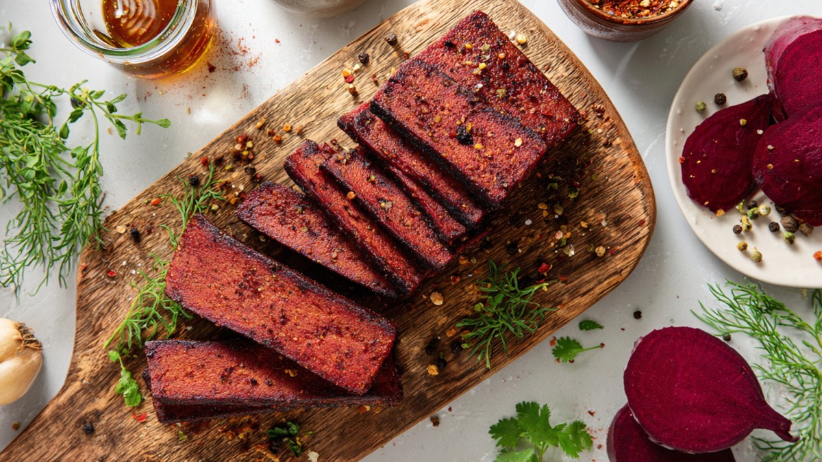 Ein Holzbrett mit einigen Scheiben Tofu-Pastrami, das mit Gewürzen garniert ist. Rechts kann man eine Schale mit aufgeschnittener Rote Bete erkennen. Außerdem liegen frische Kräuter verstreut.
