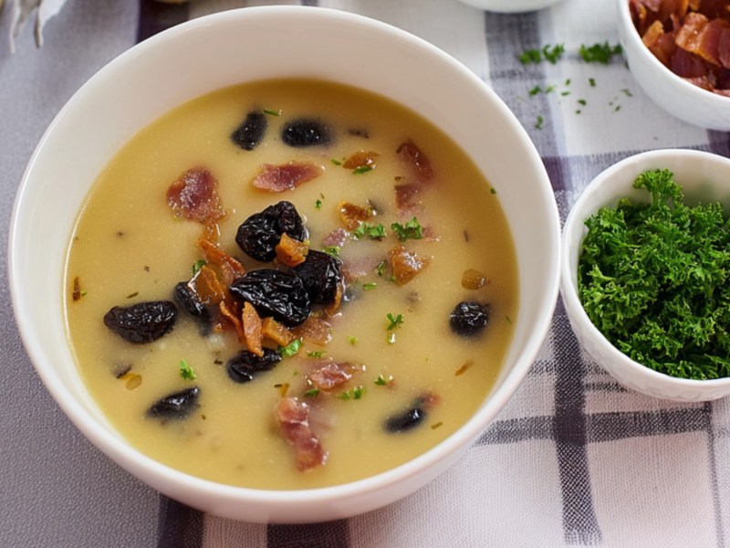 Eine Schüssel Tüften un Plum in der Draufsicht. Drumherum stehen Schälchen mit Zutaten.