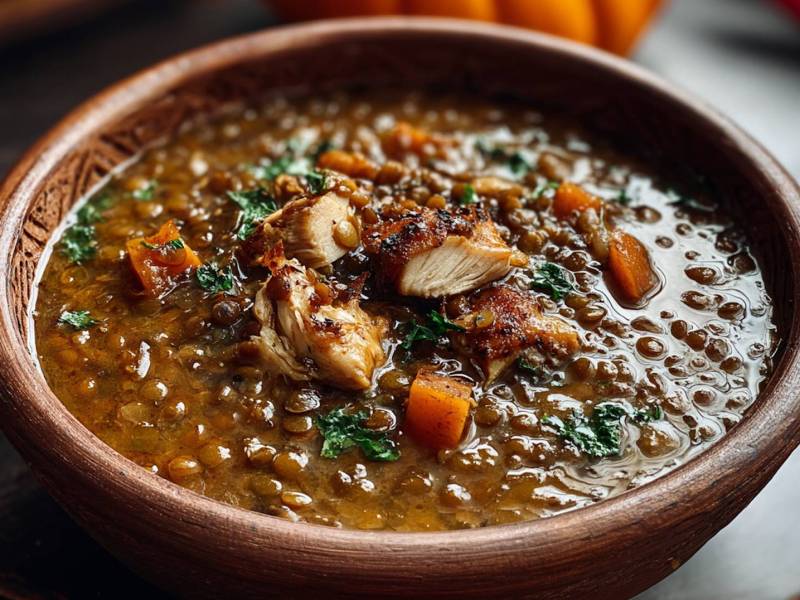 Tunesischer Linsen-Hühner-Eintopf in einer Tonschale.