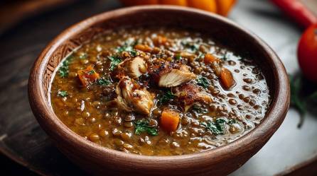 Tunesischer Linsen-Hühner-Eintopf in einer Tonschale.