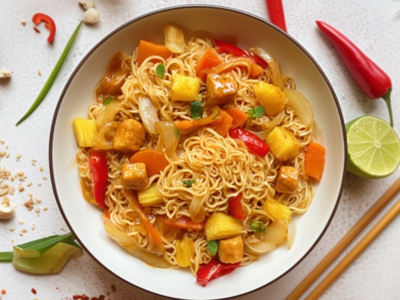 Ein Teller vegane Nudeln süßsauer.