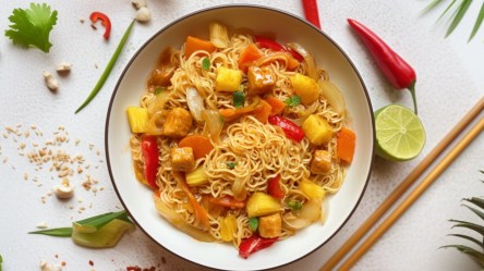 Ein Teller vegane Nudeln süßsauer.