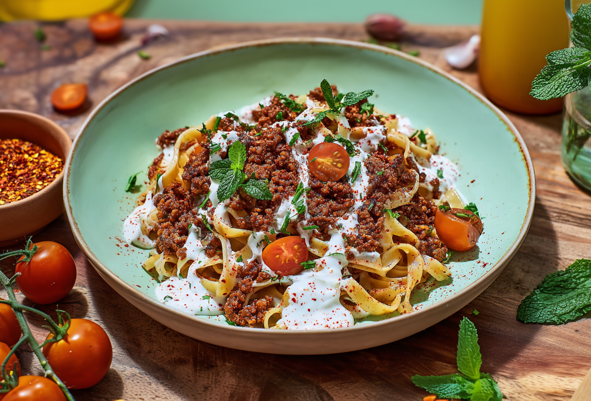 Ein Teller vegetarische Manti Pasta mit Joghurtsoße und frischer Minze. Herum liegen frische Tomaten, frische Minze und Gewürze.