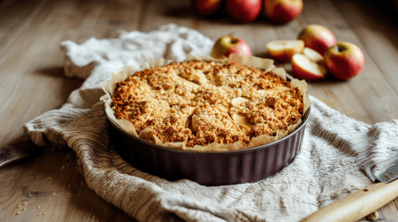 Ein Vollkorn-Apfel-Streuselkuchen auf einem gräulichen Leinentuch. Der Kuchen befindet sich noch in der Form. Im Hintergrund liegen einige Äpfel.