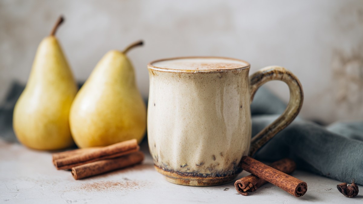 Eine Tasse mit einem warmen Birnen-Chai-Smoothie. Ringsum liegen Zimtstangen und frische Birnen.