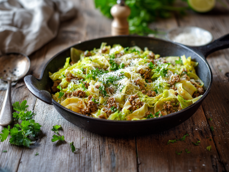 Eine Wirsing-Hackpfanne auf einem dunklen Holztisch. Links neben der Pfanne liegt etwas frische Petersilie und ein Löffel. Im Hintergrund sieht man eine Pfeffermühle, Kräuter und eine Schale mit Parmesan. Rechts neben der Pfann liegt eine Limette.