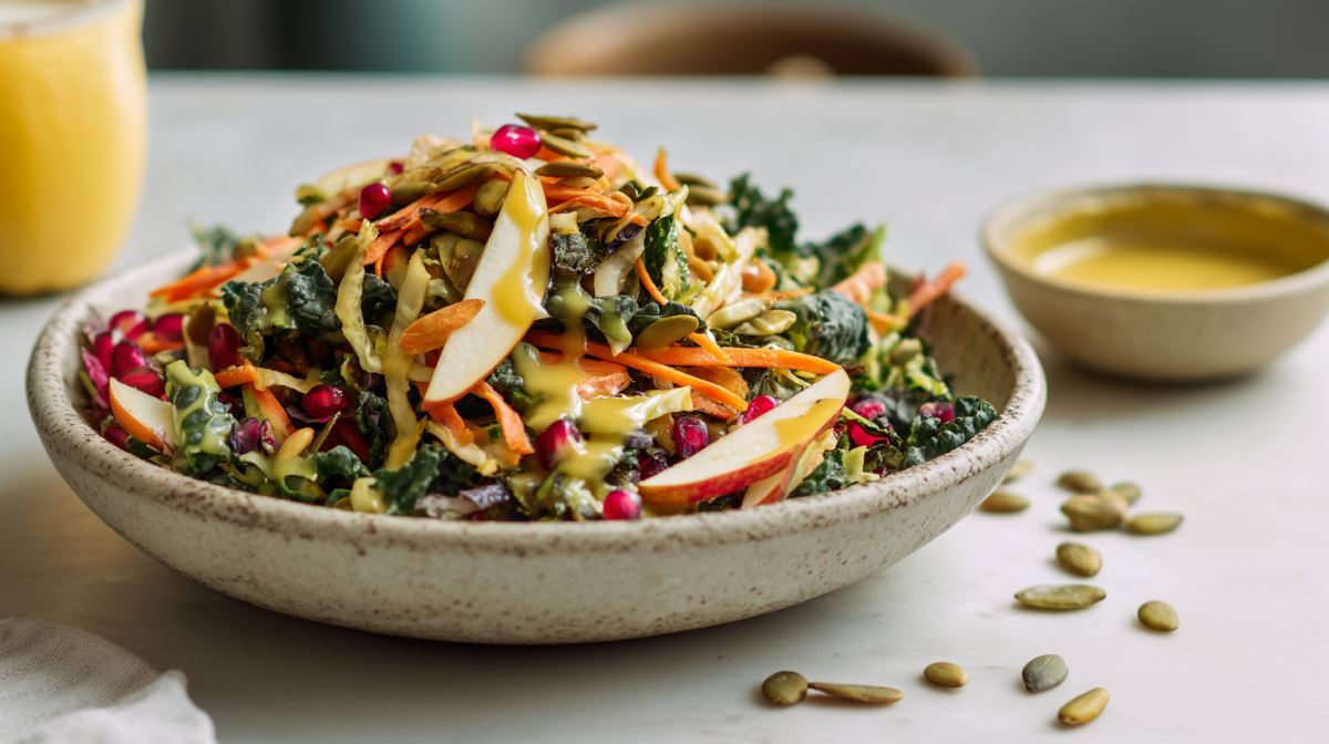 Ein grauer Teller mit Wirsing-Möhren-Salat auf einem weißen Tisch. Neben dem Teller liegen einige Kürbiskerne. Im Hintergrund steht ein Schälchen mit Dressing.