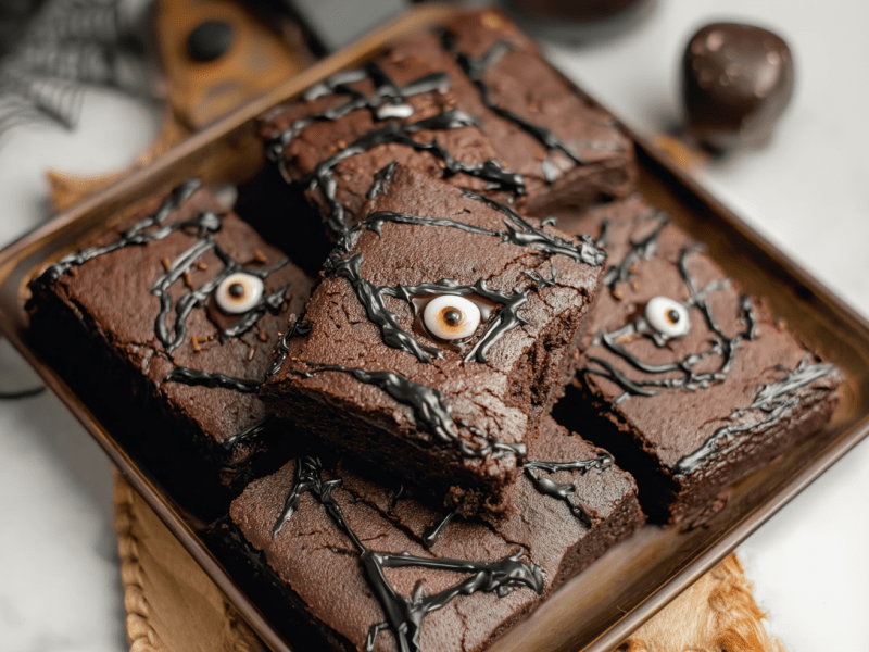 Zauberbuch-Brownies mit Zuckeraugen dekoriert in einer kleinen Backform.