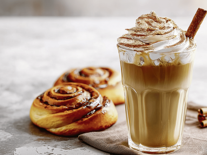 Ein Glas mit Zimtschnecken-Latte, daneben Zimtschnecken.