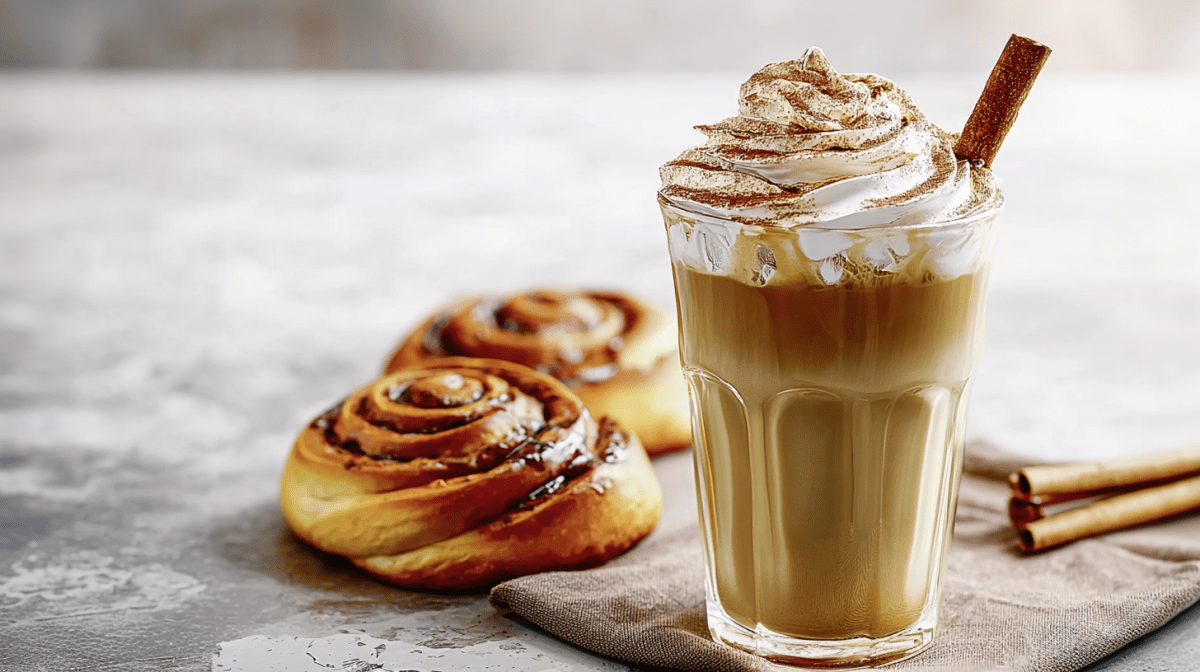 Ein Glas mit Zimtschnecken-Latte, daneben Zimtschnecken.