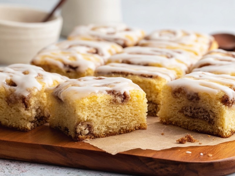 Mehrere Stücke Zimtschneckenkuchen vom Blech auf einem Holzbrett.