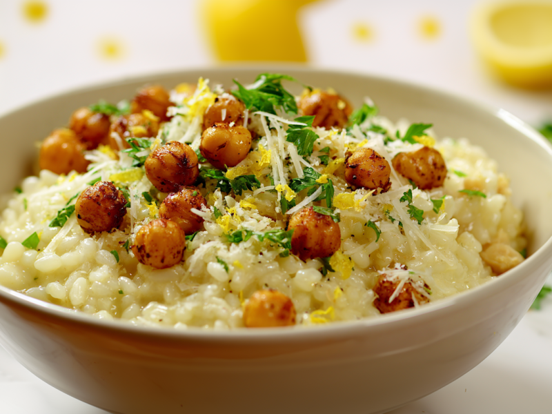 Ein Teller Zitronenrisotto mit gebratenen Kichererbsen, garniert mit frischem Parmesan und Petersilie.