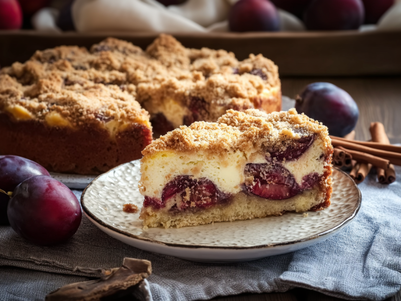 Ein Stück Zwetschgen-Quarkkuchen auf einem hellen Teller. Im Hintergrund steht der Rest des Kuchens. Neben dem Teller liegen Zwetschgen und Zimtstangen