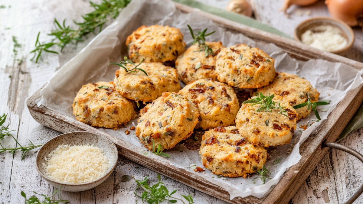 Ein Holztablett mit Zwiebelkeksen, die mit frischen Kräutern garniert sind. Außerdem steht eine kleine Schale mit geriebenem Parmesan mit im Bild, frische Kräuter liegen herum und auch einige Zwiebeln sind im Hintergrund zu erkennen.