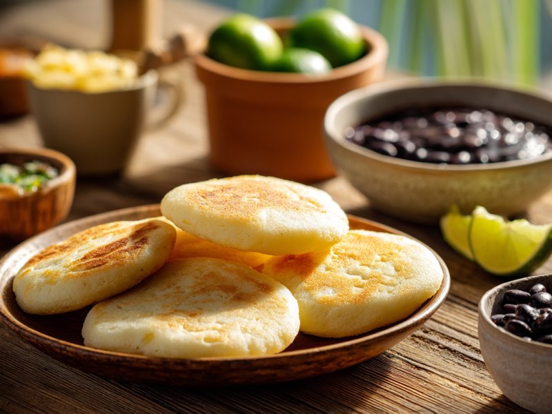 Selbstgemachte Arepas, die auf einem Teller liegen. Ringsum stehen Schalen und Schüssel mit Bohnen, Limetten, Käse.