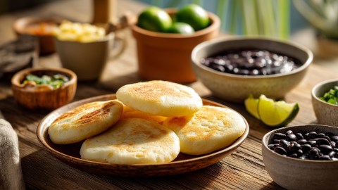 Selbstgemachte Arepas, die auf einem Teller liegen. Ringsum stehen Schalen und Schüssel mit Bohnen, Limetten, Käse.