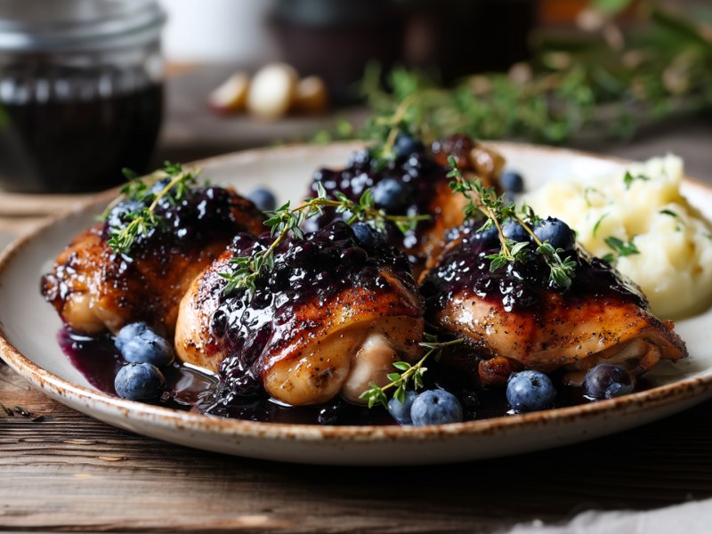 Ein Teller mit Blaubeer-Thymian-Hähnchen, das mit einer kleinen Portion Kartoffelpüree serviert wird. Ringsum kann man frischen Thymian erkennen, sowie ein Glas mit Blaubeersoße.