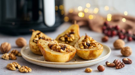 Ein Teller mit Bratbirnen aus dem Airfryer, drum herum liegen gemischte Nüsse. Im Hintergrund sind unscharf eine Lichterkette und eine Heißluftfritteuse zu erkennen.