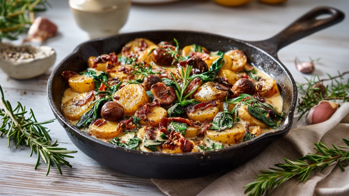 Eine Bratkartoffel-Maronen-Pfanne, die in einer gusseisernen Pfanne serviert wird. Ringsum liegen Rosmarinzweige und Knoblauchzehen verteilt.