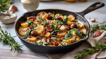 Eine Bratkartoffel-Maronen-Pfanne, die in einer gusseisernen Pfanne serviert wird. Ringsum liegen Rosmarinzweige und Knoblauchzehen verteilt.